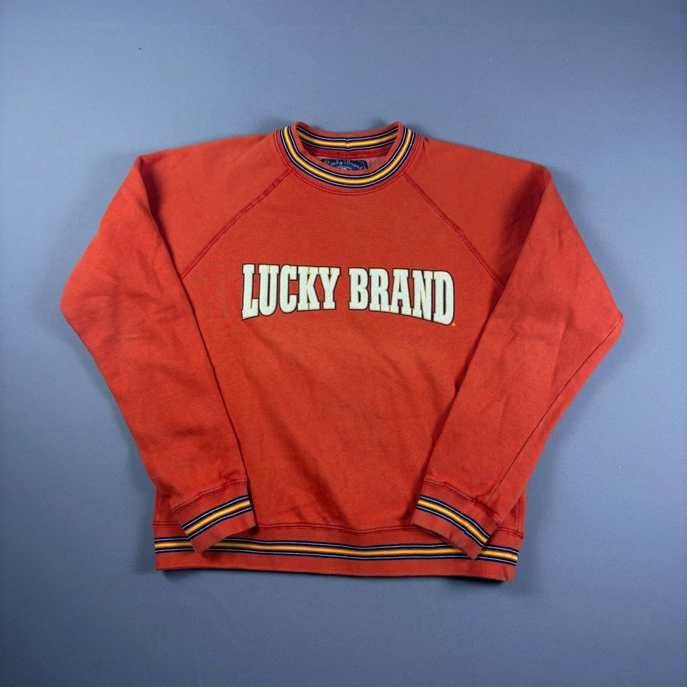 Vintage Lucky Brand Spellout Sweatshirt Orange Raglan Striped Trim Mens Medium